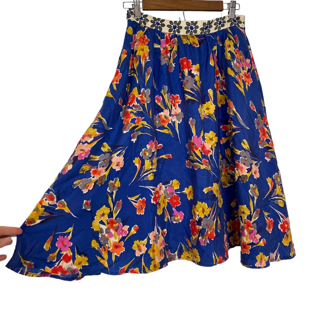 Anthropologie Edme & Esyllte 100% silk blue floral A-line Midi Skirt sz 6